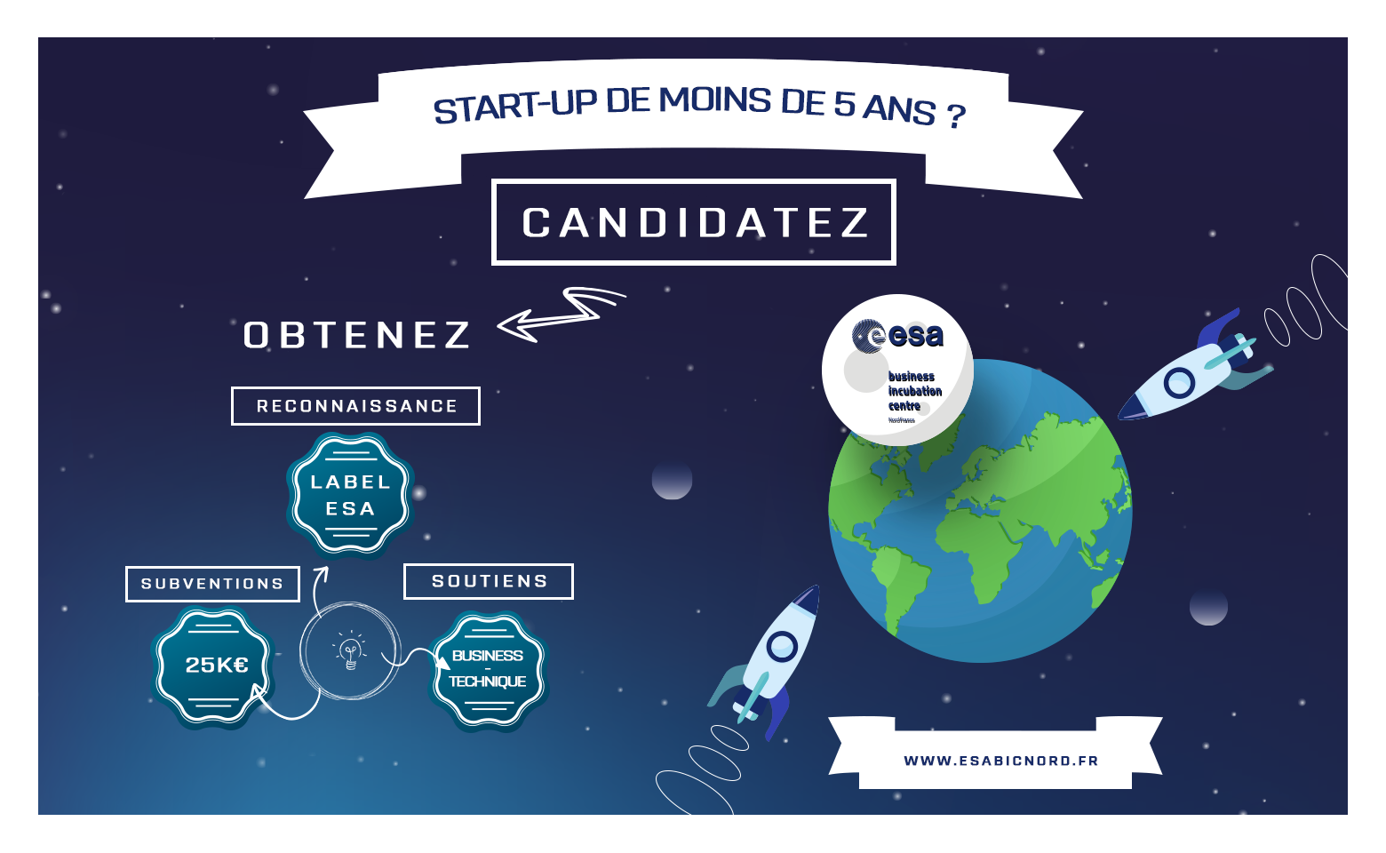 Startups de moins de 5 ans. Appel à candidatures ESA BIC NORD FRANCE