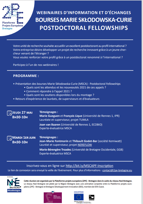 Webinaires d'information et d'échanges bourses Marie Sklodowska-Curie postdoctoral fellowships